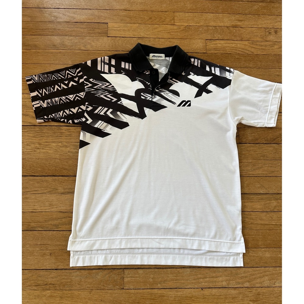 Vintage Mizuno Golf White Black Geometric Graphic Polo Shirt Mens Large
